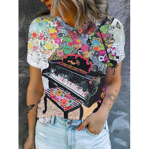 Piano Inspired Collage Art Short Sleeve Comfy T Shirt