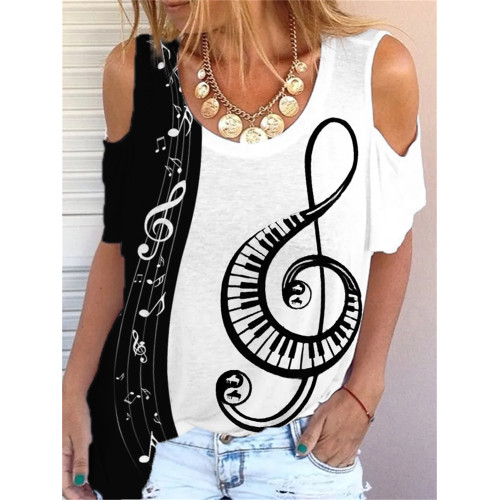 Piano Inspired Treble Clef Hollow Shoulder T Shirt