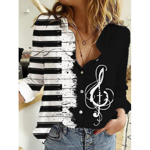 Piano Keys And Music Note Cross Contrast Blouse