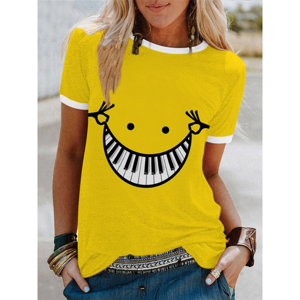 Piano Keys Cartoon Face Short Sleeve T Shirt