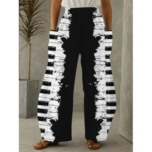 Piano Keys Contrast Patch Pocket Wide Leg Pants