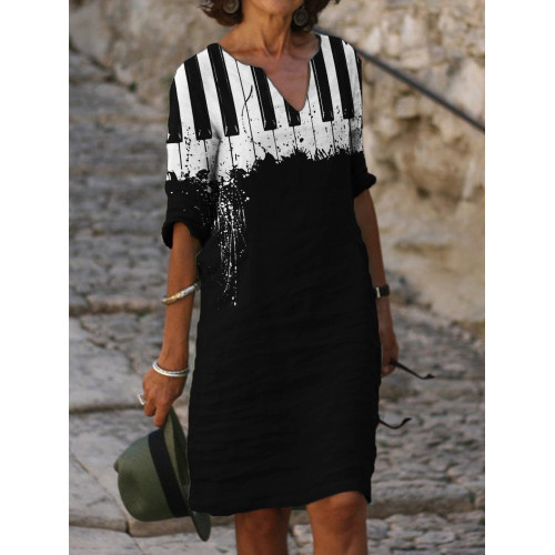 Piano Keys Graffiti Contrast Notch Neck Midi Dress