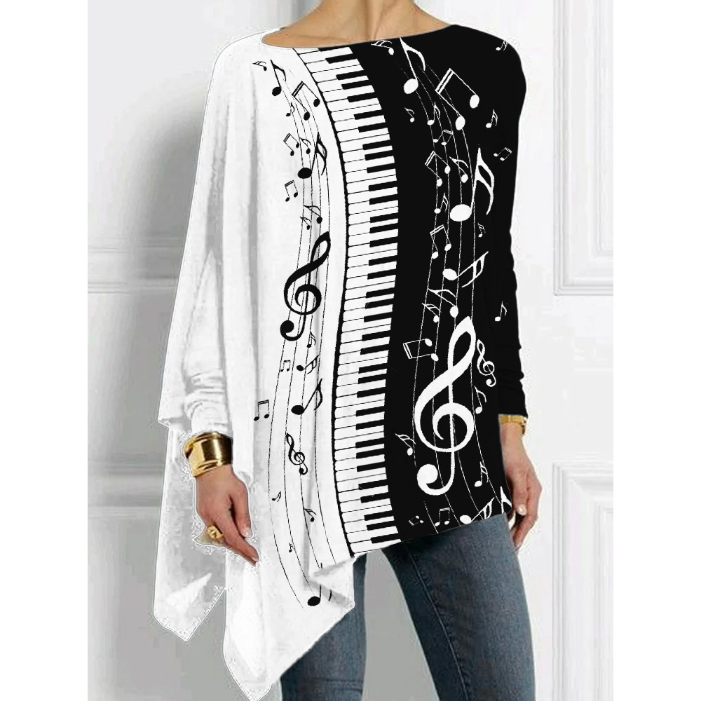 Piano Keys Music Notes Contrast Bat Sleeve T Shirt