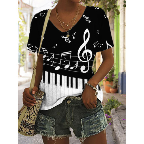 Piano Keys Music Notes Contrast V Neck T Shirt