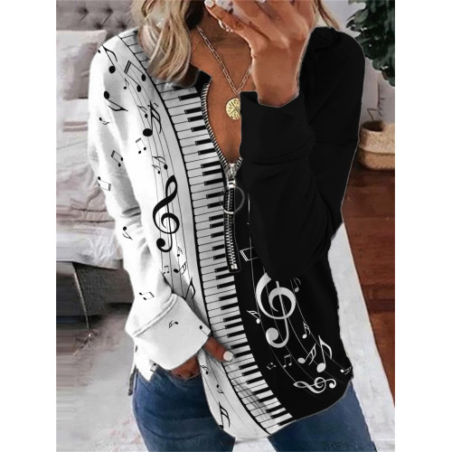 Piano Keys Music Notes Contrast Zip Up Sweatshirt