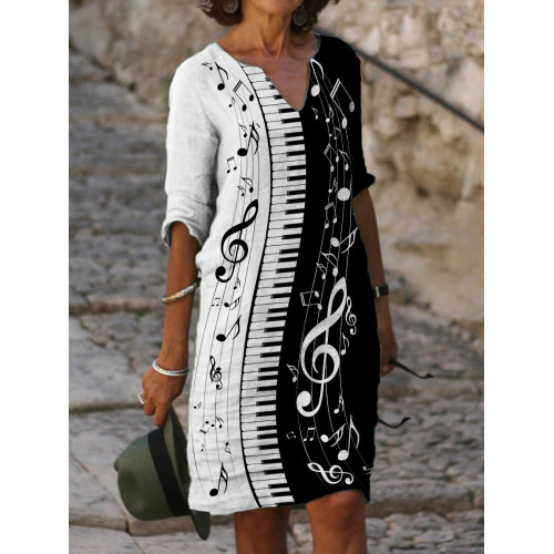 Piano Keys & Notes Contrast Notch Neck Midi Dress