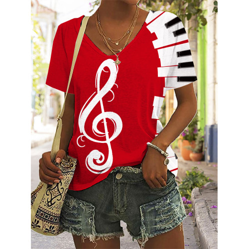 Piano Keys & Treble Clef V Neck T Shirt