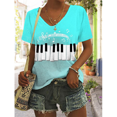 Piano Music Notes Art V Neck Casual T Shirt