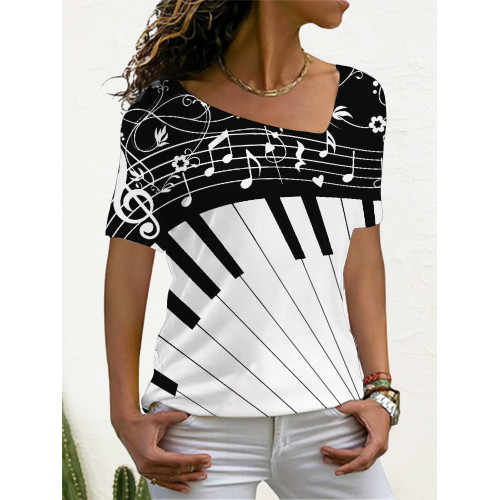 Piano Music Notes Contrast Short Sleeve T Shirt