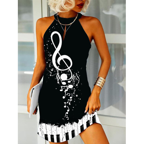 Piano Music Notes Contrast Slim Fit Mini Dress