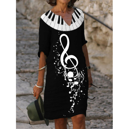 Piano Music Notes Notch Neck Midi Dress