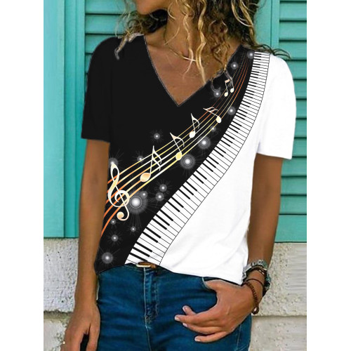 Piano Notes Print V Neck T Shirt