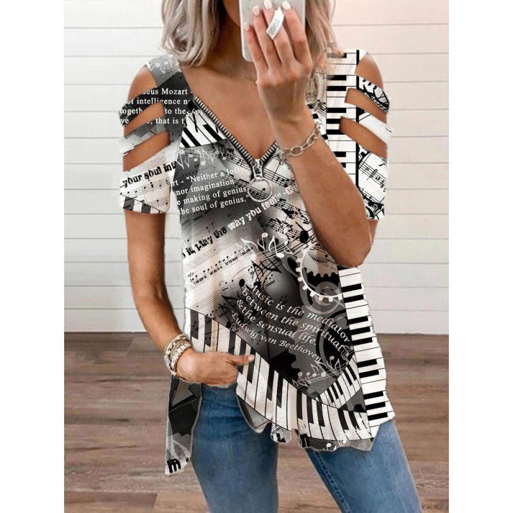 Piano Quotes V Neck Hollow Shoulder T Shirt