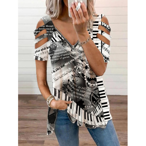 Piano Quotes V Neck Hollow Shoulder T Shirt