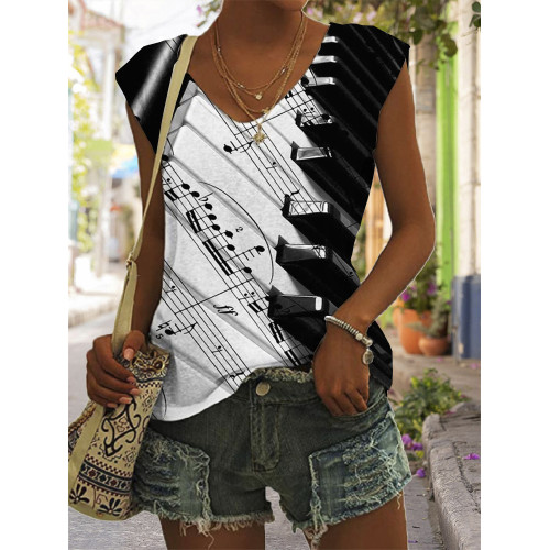 Piano Sheet Music V Neck Casual Tank Top