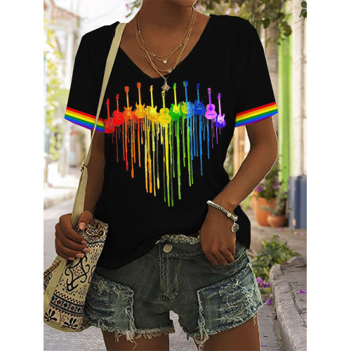 Rainbow Guitar Heart Graphic V Neck Comfy T Shirt