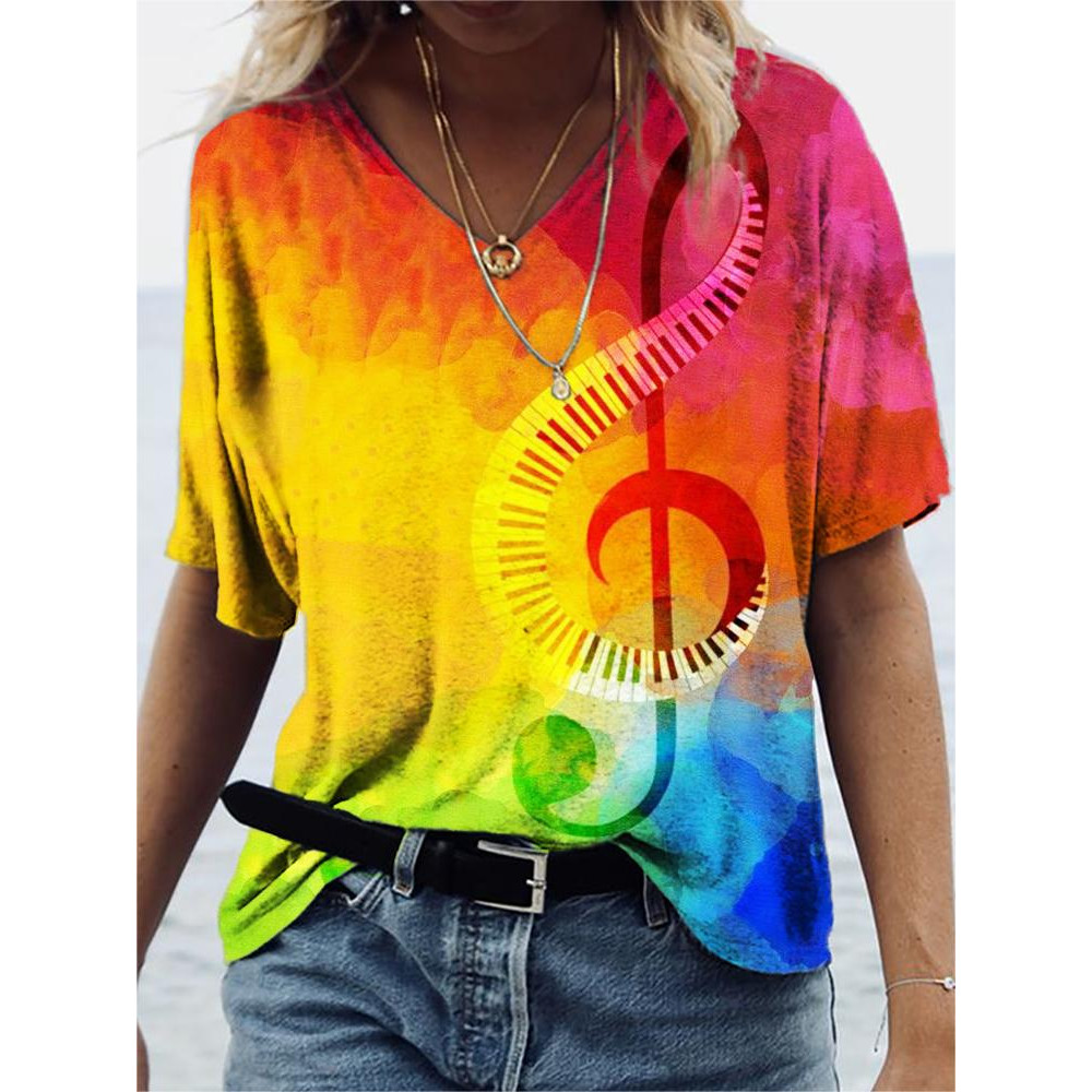 Rainbow Treble Clef Art V Neck Casual T Shirt