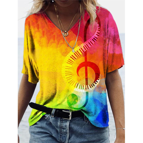 Rainbow Treble Clef Art V Neck Casual T Shirt
