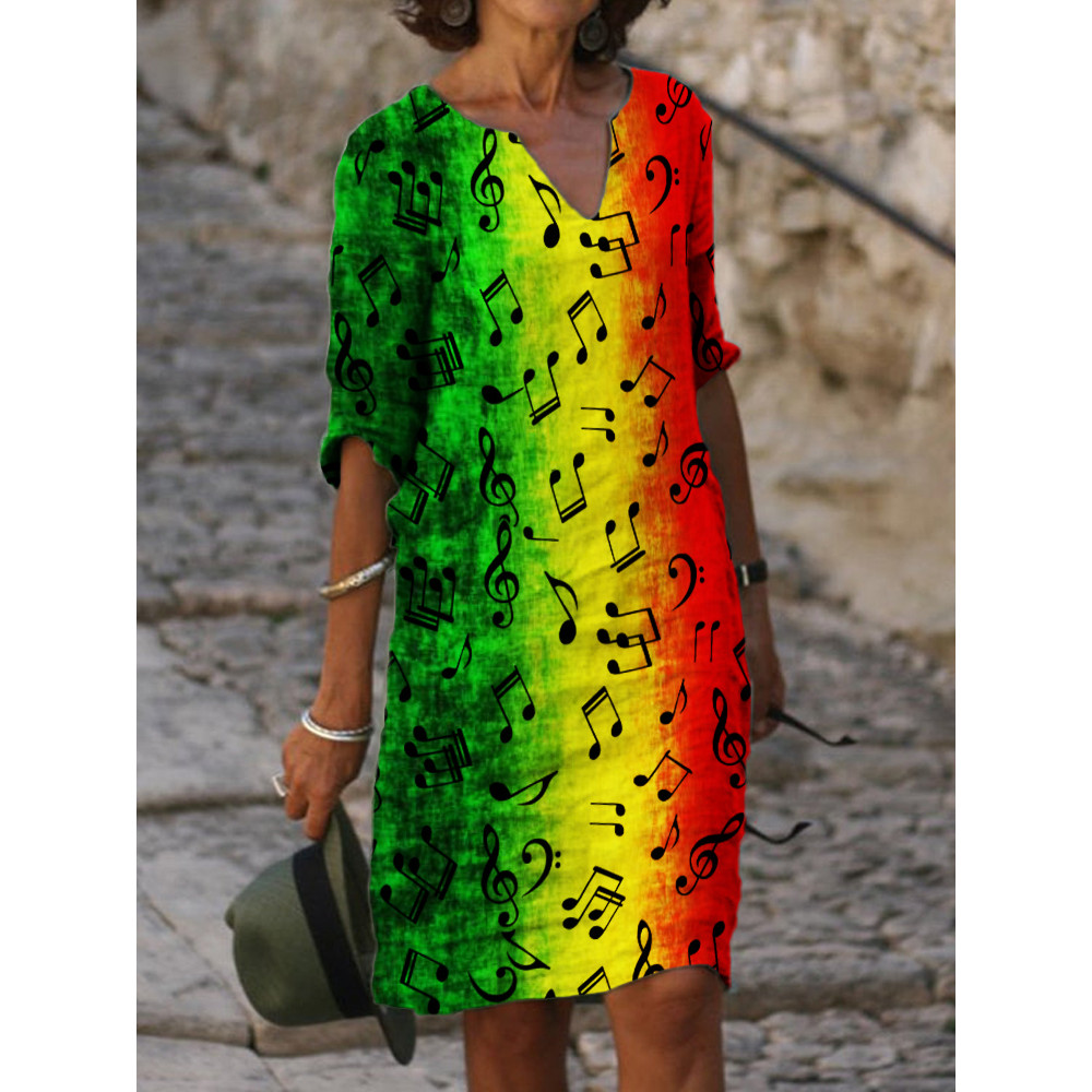 Rasta Gradient Music Notes Notch Neck Midi Dress