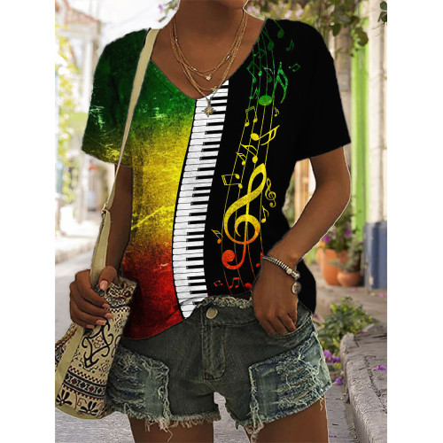 Rasta Gradient Music Notes Piano Contrast T Shirt