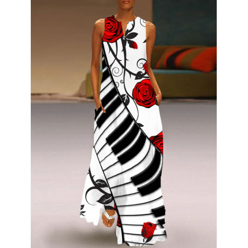 Red Roses And Piano Keys Art Notch Neck Maxi Dress