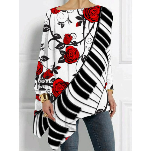 Red Roses And Piano Keys Bat Sleeve T Shirt