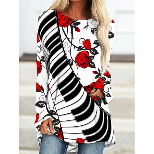 Red Roses And Piano Keys Long Sleeve T Shirt