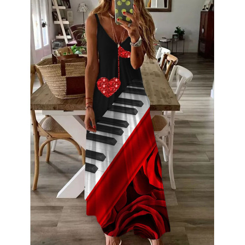 Red Roses And Piano Keys V Neck Cami Maxi Dress