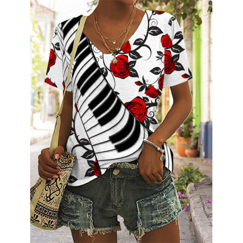 Red Roses And Piano Keys V Neck T Shirt