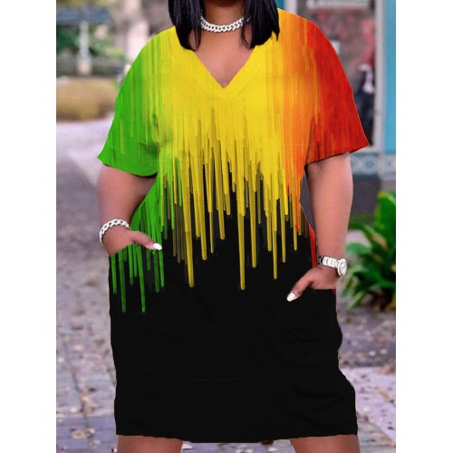 Reggae Rasta Graphic V Neck Pocket Loose Midi Dress