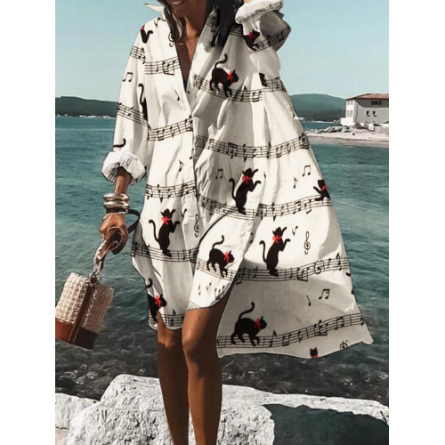 Resort Sheet Music Cat Print Midi Dress