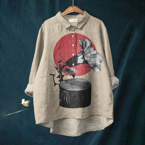 Retro Morning Bell Flower Cd Machine Red Sun Printed Cotton Linen Shirt