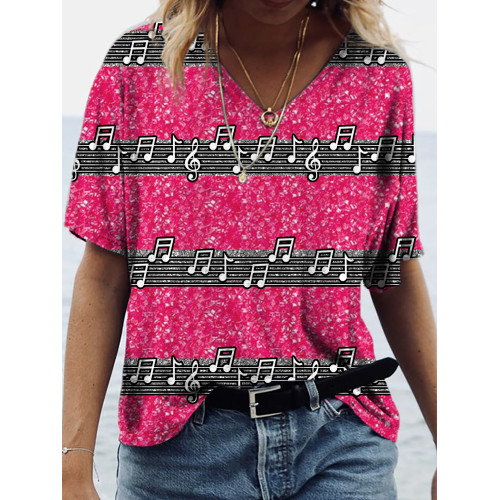 Rhinestone Embellished And Musical Note Art Print V-Neck T-Shirt
