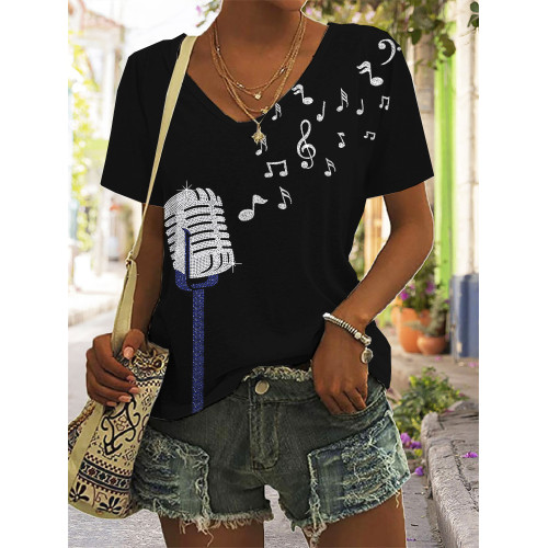 Rhinestone Microphone Glitter Art V Neck T Shirt