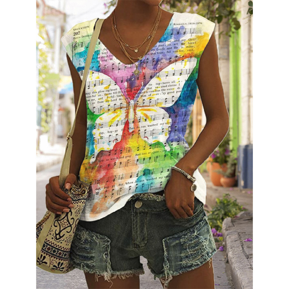 Sheet Music Butterfly Watercolor V Neck Tank Top