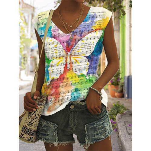 Sheet Music Butterfly Watercolor V Neck Tank Top