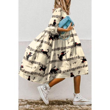 Sheet Music Cat Print Loose Midi Dress-