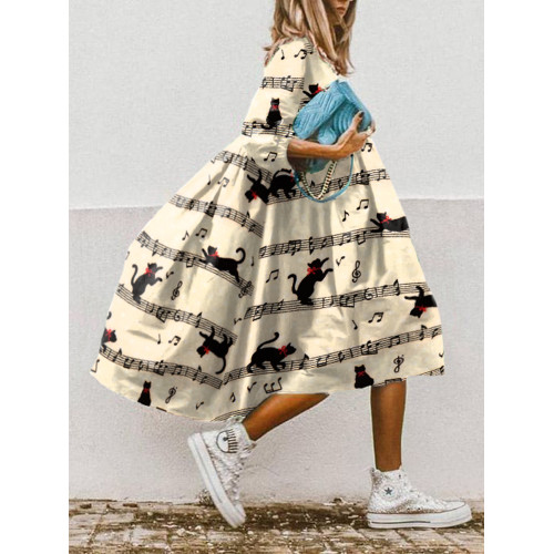 Sheet Music Cat Print Loose Midi Dress-