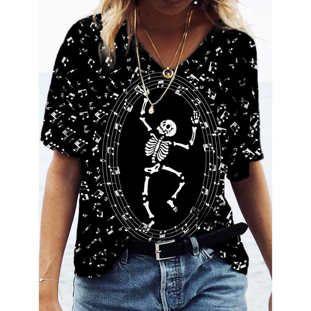 Skeleton Music Black And White Contrast Color V Neck T Shirt
