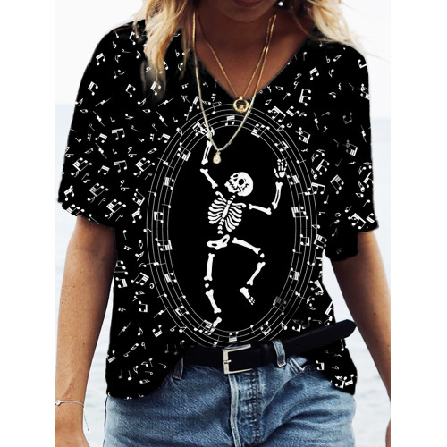 Skeleton Music Black And White Contrast Color V Neck T Shirt