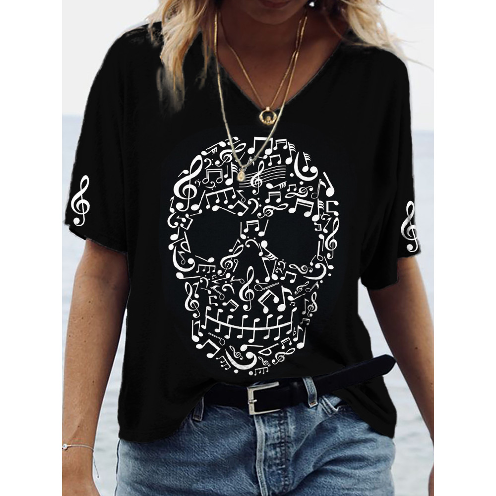 Skull Face Musical Notes Inspired V Neck T Shirt