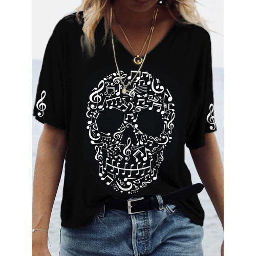 Skull Face Musical Notes Inspired V Neck T Shirt