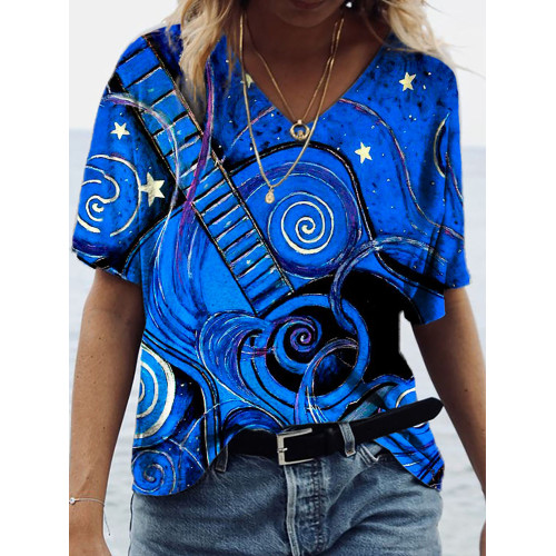 Starry Night Guitar V Neck Short Sleeve T Shirt