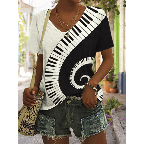 Swirl Piano Keys Contrast Art V Neck T Shirt