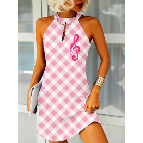Treble Clef Inspired Pink Plaid Slim Fit Mini Dress