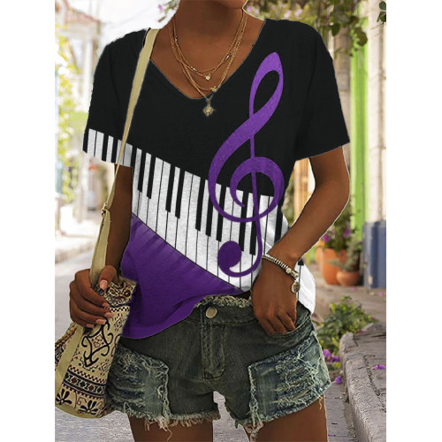Treble Clef Piano Keys Colorblock V Neck T Shirt