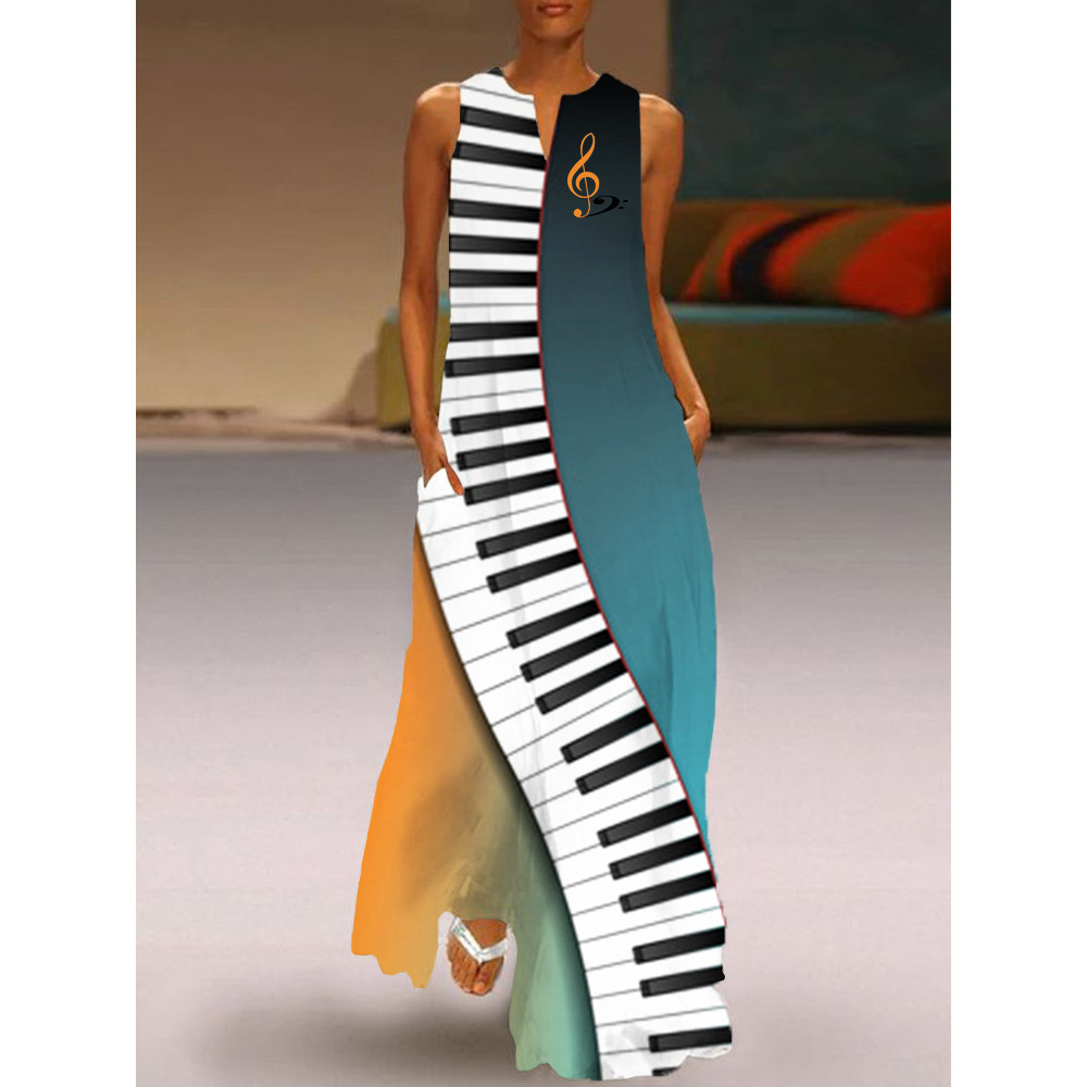 Treble Clef & Piano Keys Inspired Notch Neck Maxi Dress