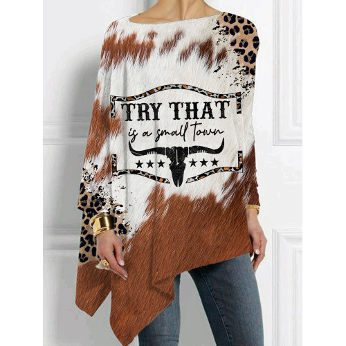 Try That In A Small Town Cowhideleopard Graphic Bat Sleeve T Shirt