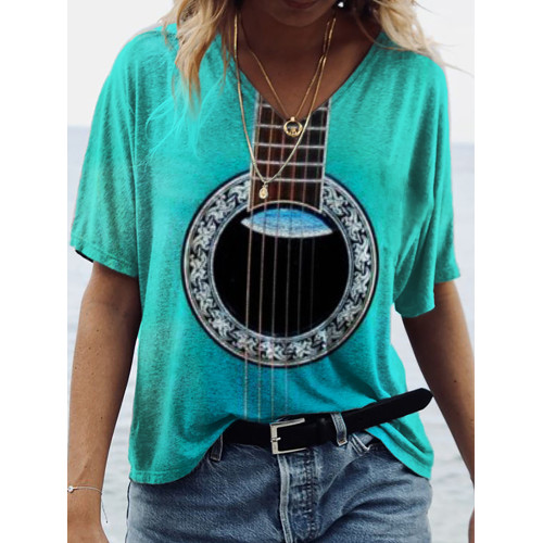 Turquoise Guitar Inspired Gradient V Neck T Shirt