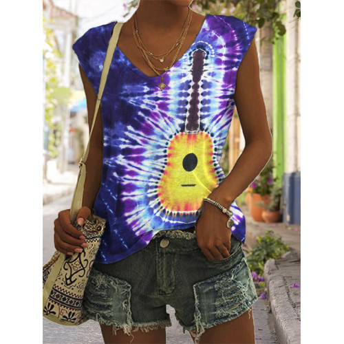 Vinatge Guitar Tie Dye V Neck Tank Top
